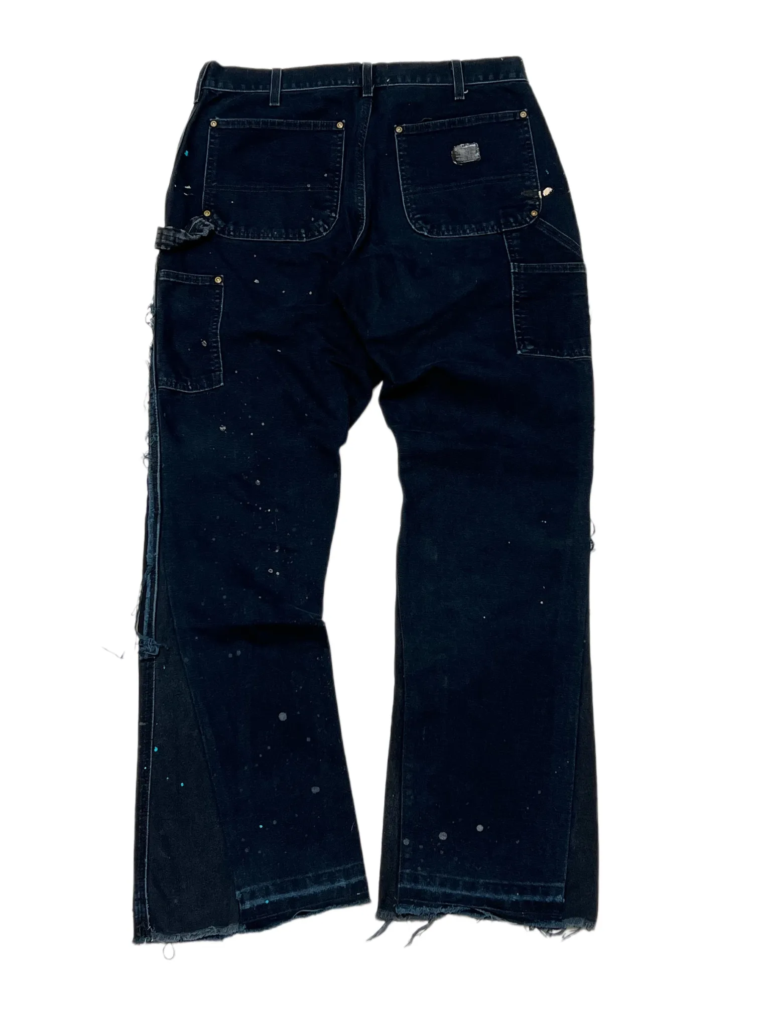 GALLERY DEPT. LA FLARE CARPENTER PANTS The first generation of paint-splashed and ink-washed flared logging trousers, modified Carhartt overalls from the original version. Blue and black S-XL large-area paint-splashed ink. Full set of original copper hardware. Deconstructed and modified version of the Kahart trousers. Heavy-washed and distressed. VINTAGE texture is perfect.